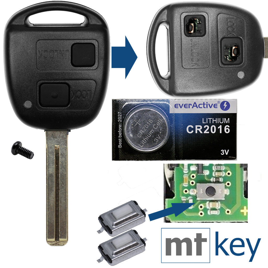 Auto Schlüssel Funk Fernbedienung 1x Gehäuse 2 Tasten TOY48 + 1x Tastenfeld + 2X Mikrotaster + 1x CR2016 Batterie kompatibel mit Toyota