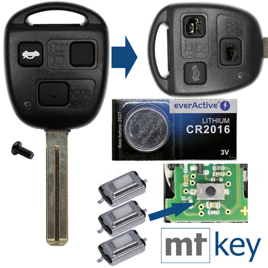 Auto Schlüssel Funk Fernbedienung 1x Gehäuse 3 Tasten TOY48 + 1x Tastenfeld + 3X Mikrotaster + 1x CR2016 Batterie kompatibel mit Toyota