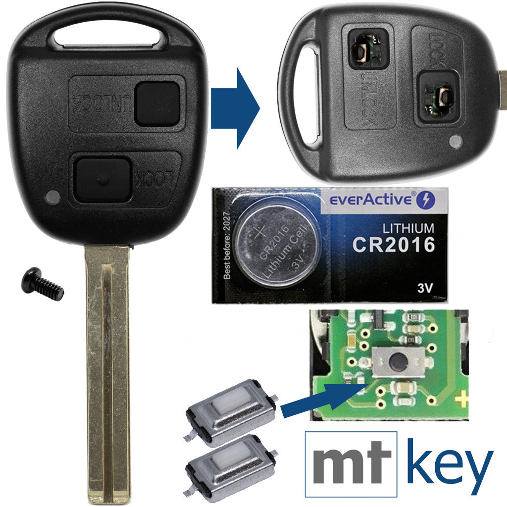 Auto Schlüssel Funk Fernbedienung 1x Gehäuse 2 Tasten TOY40 + 1x Tastenfeld + 2X Mikrotaster + 1x CR2016 Batterie kompatibel mit Toyota