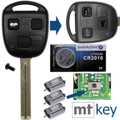 Auto Schlüssel Funk Fernbedienung 1x Gehäuse 3 Tasten TOY40 + 1x Tastenfeld + 3X Mikrotaster + 1x CR2016 Batterie kompatibel mit Toyota