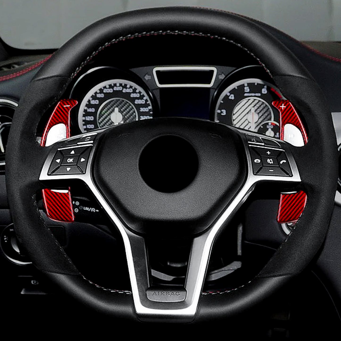 T CARBON ECHT Schaltwippen ROT kompatibel mit Mercedes AMG A-Klasse A45 W176 13-15 Schaltpaddel Paddel Aufsatz Drucktaster Wippenschalter