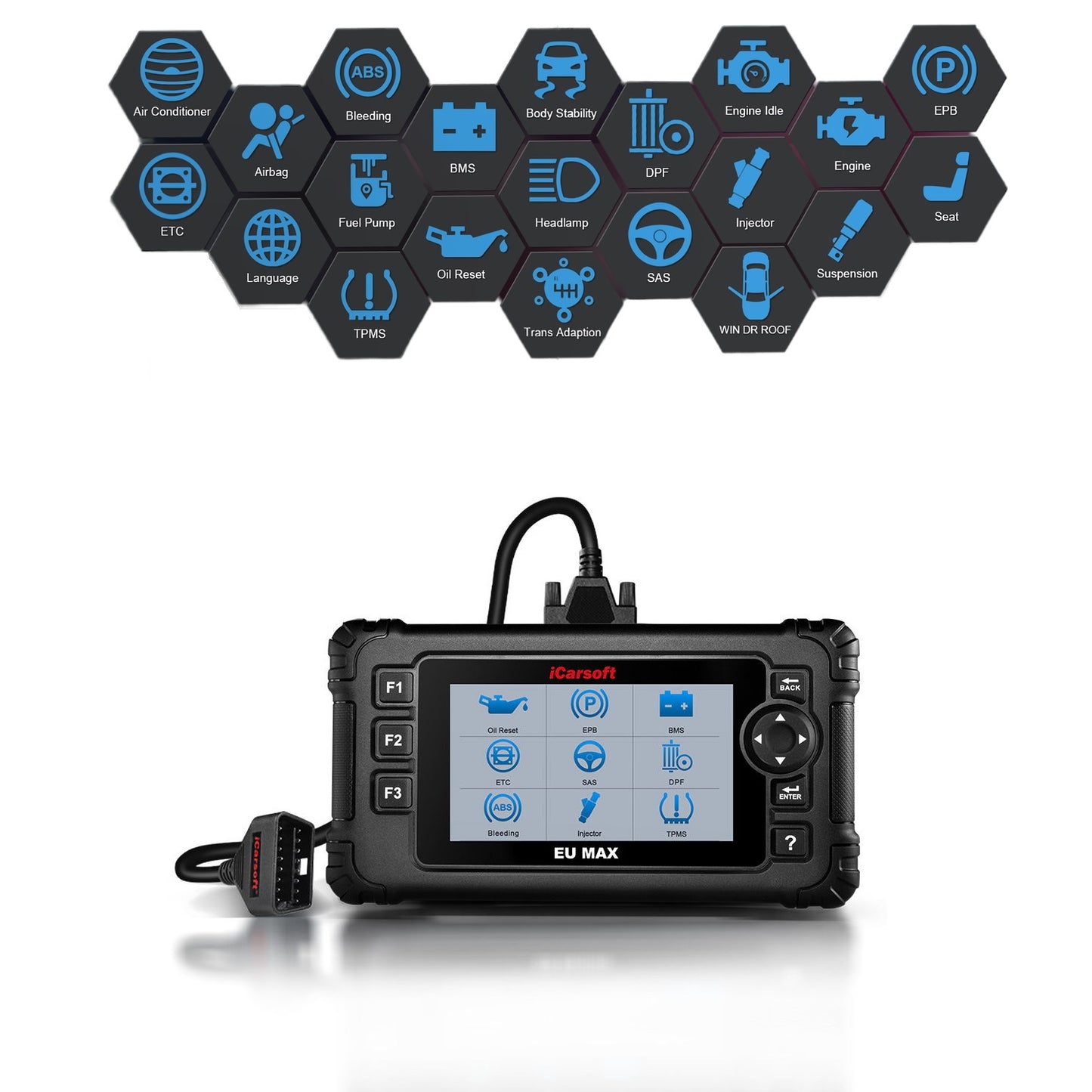 DIAGNOSEGERÄT iCARSOFT EU MAX OBD-2 Scanner für europäische Fahrzeugmarken + kostenlose Updates