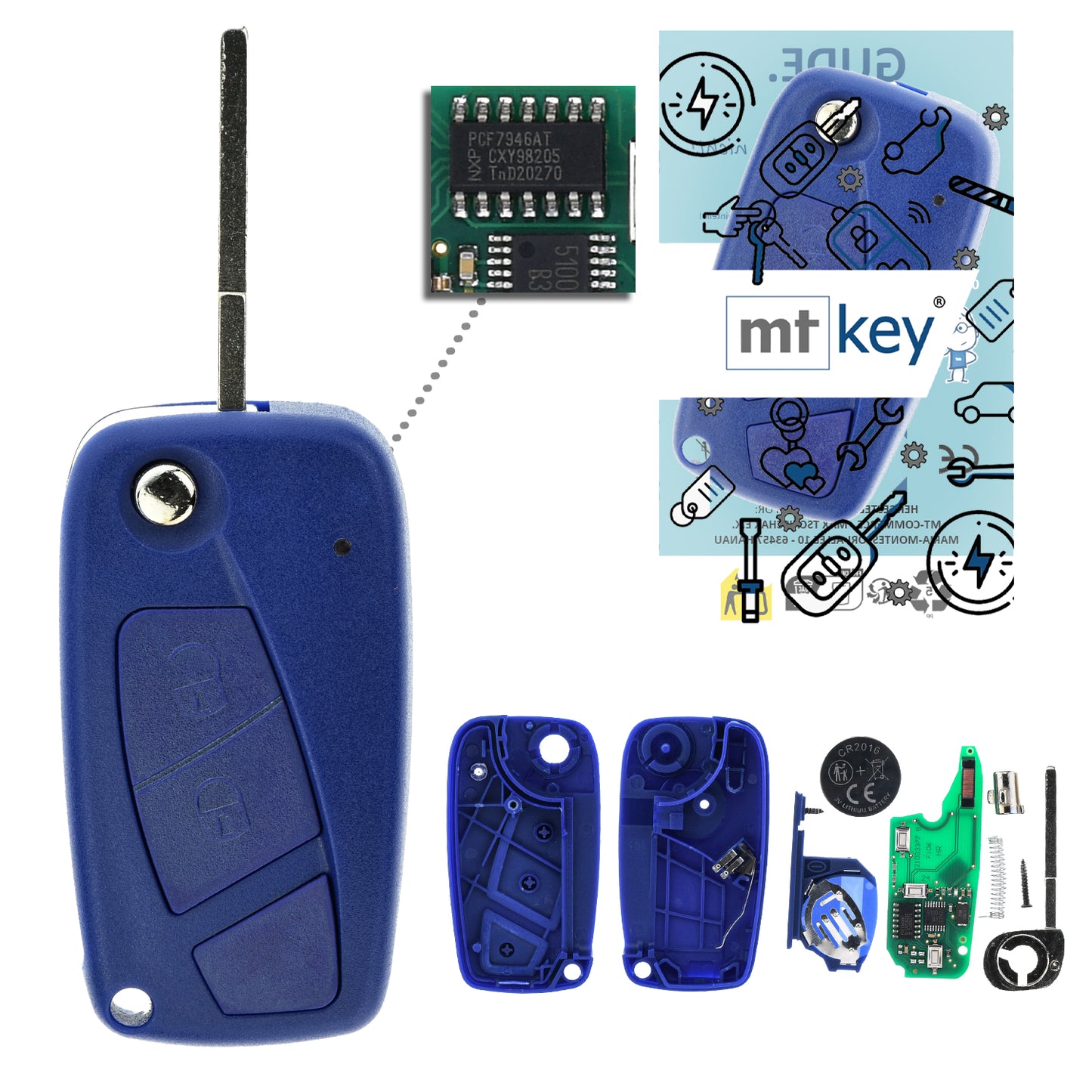 MT-KEY Funk Schlüssel 434MHZ kompatibel mit Peugeot Bipper Opel Combo D Fiat Ducato 250 Panda II III Stilo Bravo 198 Doblo II 433MHZ Klappschlüssel