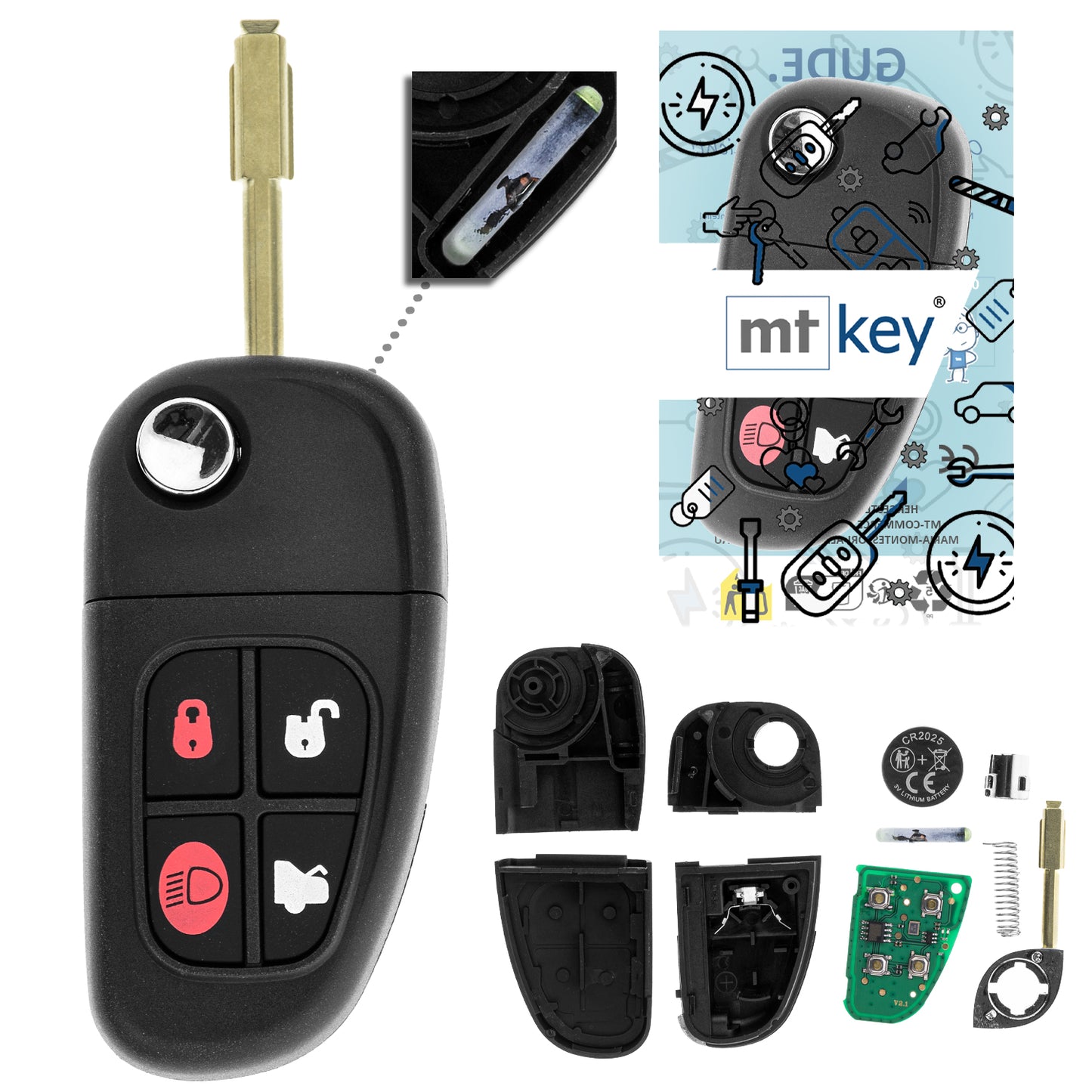 MT-KEY Funk Schlüssel 434MHZ kompatibel mit Jaguar X-Type X400 01-09 S-Type X200 99-07 XJ X350 X358 03-09 433MHZ Klappschlüssel