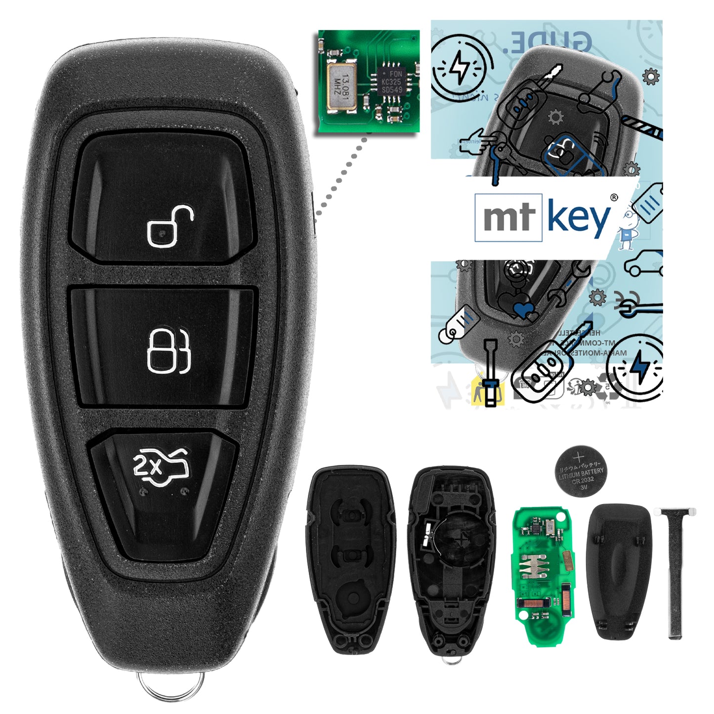 MT-KEY Funk Schlüssel 434MHZ kompatibel mit Ford Fiesta 7 12-17 Mondeo IV 07-15 S-MAX 10-14 B-MAX C-MAX 10-15 Ecosport II Focus III Galaxy III