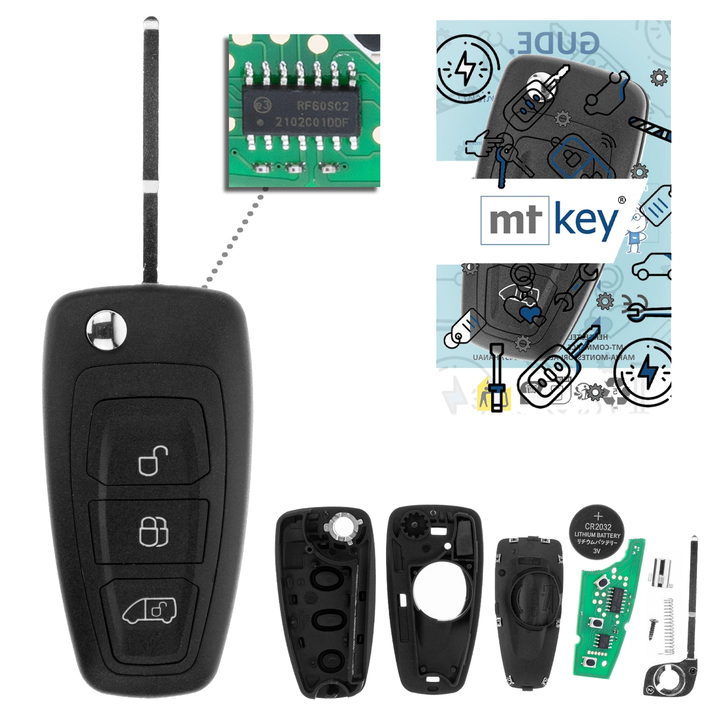 MT-KEY Funk Schlüssel 434MHZ kompatibel mit Ford Transit Custom Connect Tourneo V363 Wohnmobil Westfalia Nugget Sunlight Cliff LMC Innovan Weinsberg