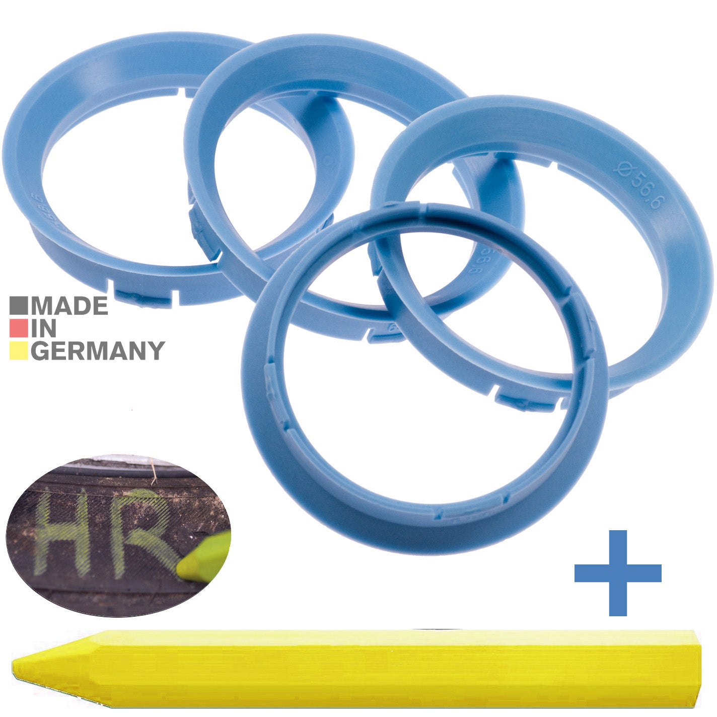 4X Zentrierringe 63,3 x 56,6 mm Hellblau Felgen Ringe + 1x Reifen Kreide Fett Stift