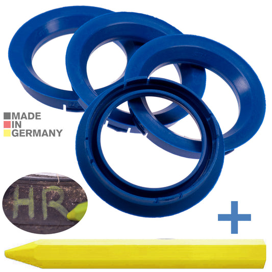 4X Zentrierringe 74,1 x 57,1 mm Blau Felgen Ringe + 1x Reifen Kreide Fett Stift