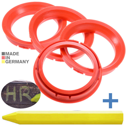 4X Zentrierringe 73,0 x 57,1 mm Rot Felgen Ringe + 1x Reifen Kreide Fett Stift