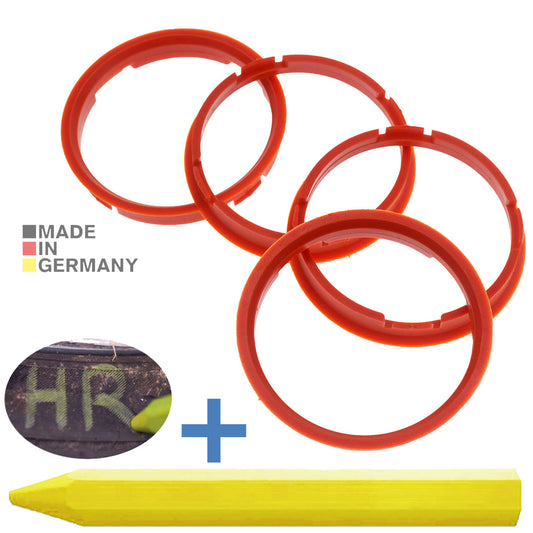 4X Zentrierringe 73,0 x 67,1 mm Orange Felgen Ringe + 1x Reifen Kreide Fett Stift