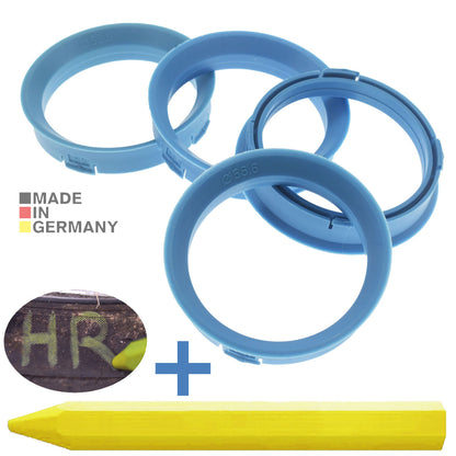 4X Zentrierringe 66,6 x 56,6 mm Hellblau Felgen Ringe + 1x Reifen Kreide Fett Stift