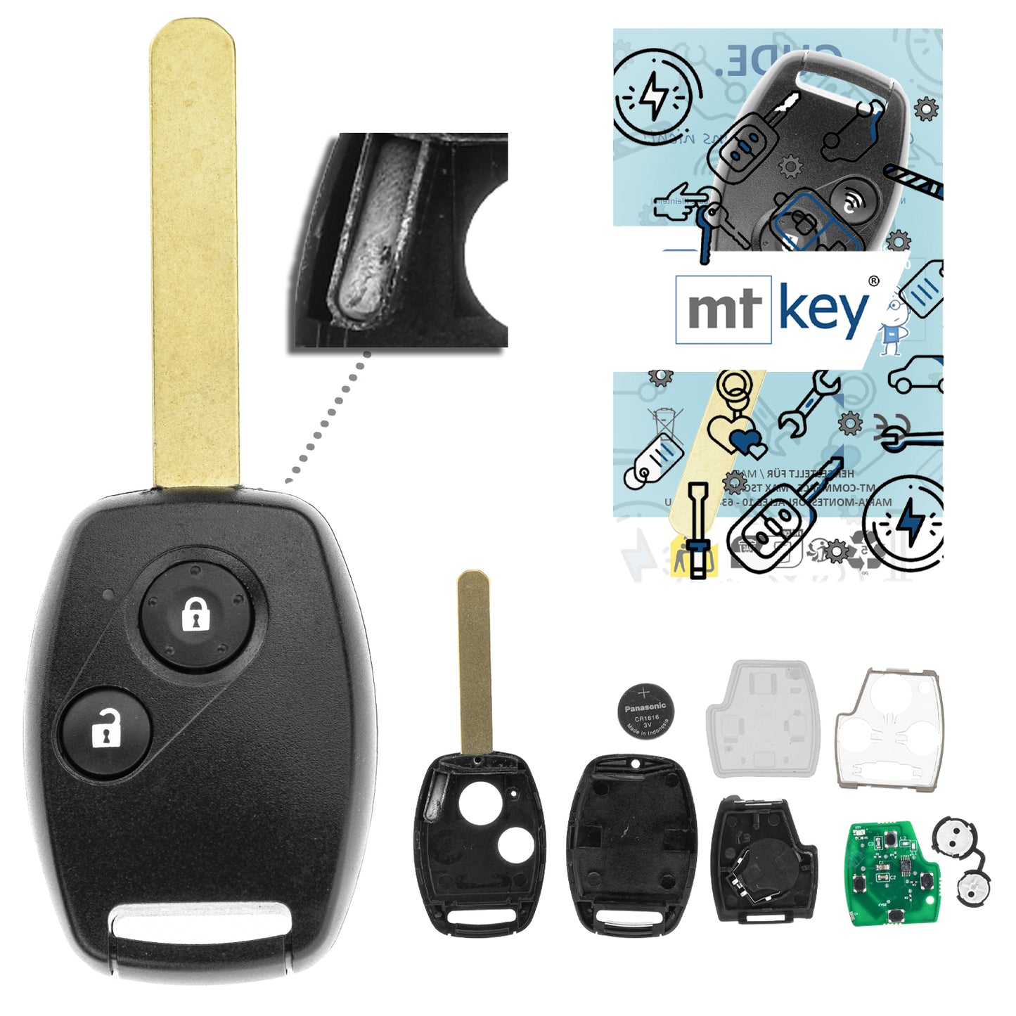 MT-KEY 2 Tasten Funk Schlüssel 434MHZ kompatibel mit Honda Accord 03-11 Civic 03-05 CRV 05-07 FRV HRV 98-06 JAZZ 02-06 S2000 Stream Autoschlüssel
