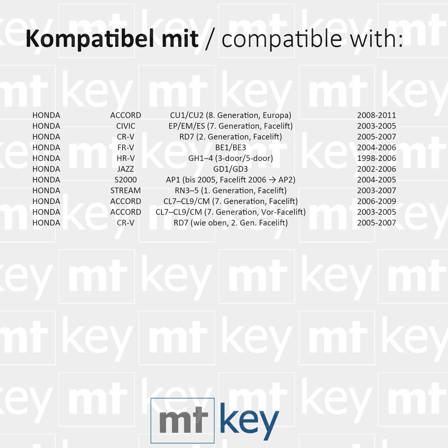 MT-KEY 2 Tasten Funk Schlüssel 434MHZ kompatibel mit Honda Accord 03-11 Civic 03-05 CRV 05-07 FRV HRV 98-06 JAZZ 02-06 S2000 Stream Autoschlüssel