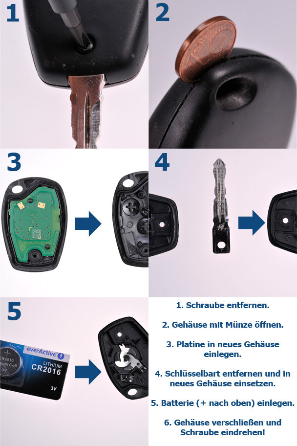 Auto Schlüssel Funk Fernbedienung 1x Gehäuse 2 Tasten + 2X Mikrotaster + 1x CR2016 Batterie kompatibel mit Renault/Dacia/Opel