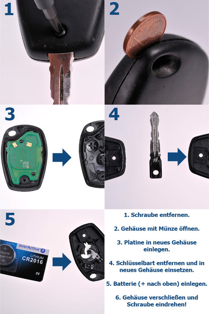 Auto Schlüssel Funk Fernbedienung 1x Gehäuse 2 Tasten + 2X Mikrotaster + 1x CR2016 Batterie kompatibel mit Renault/Dacia/Opel