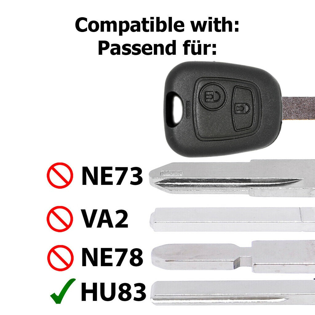 Autoschlüssel Funk Fernbedienung Austausch Gehäuse mit 2 Tasten + HU83 Rohling + Batterie kompatibel mit Peugeot 207 307 308 I Citroen C4