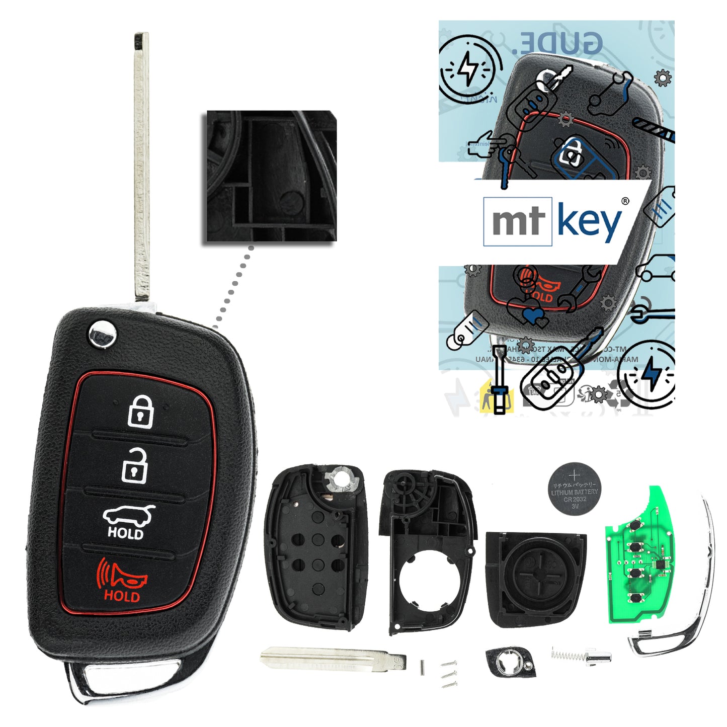 MT-KEY Funk Schlüssel 434MHZ kompatibel mit Hyundai Tucson II EL 09-13 iX35 I EL 09-14 i30 FD 07-11 433MHZ Klappschlüssel