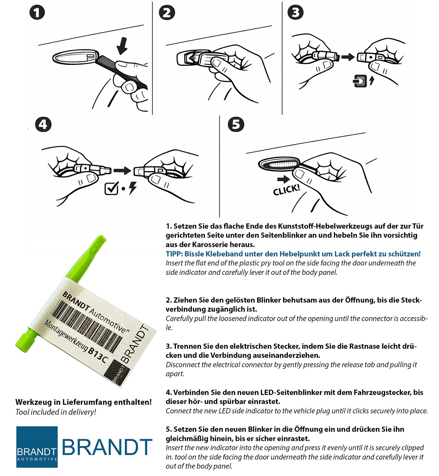 BRANDT Seitenblinker Set LED Kotflügel Blinker + Kabel Schwarz passend für Citroen Saxo I ZX I Xsara I II Jumpy I Xantia I II Berlingo I Evasion I Synergie Lancia Zeta Blinkleuchten