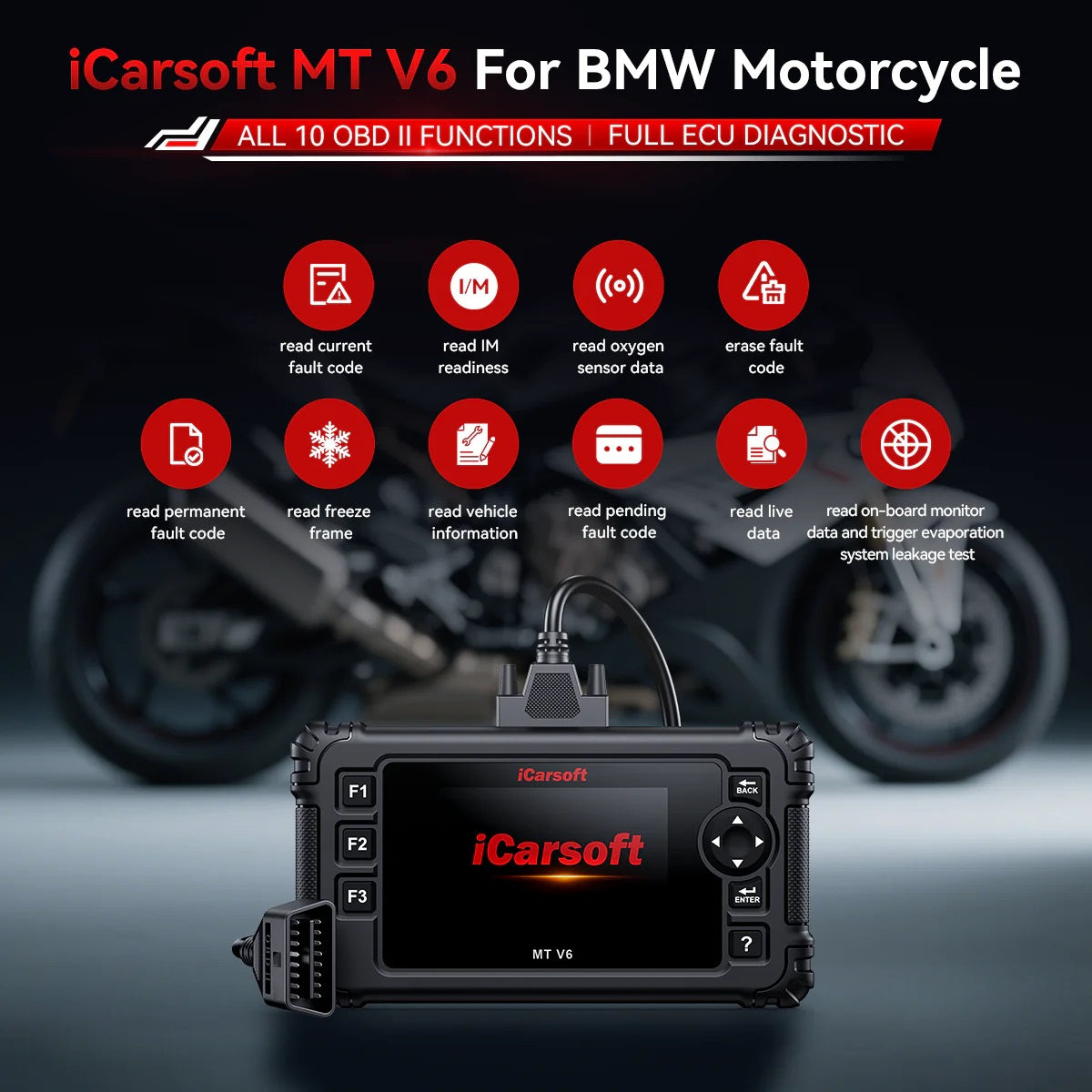OBD2 Diagnosegerät Scanner iCarsoft MT V6 für BMW Motorräder inkl. Adapter & kostenlose Updates