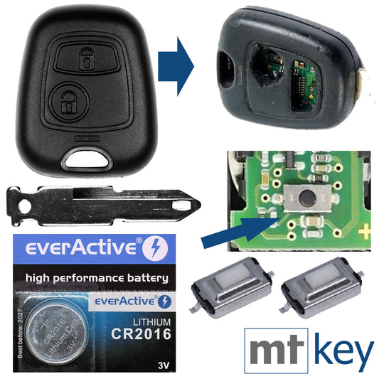 Auto Schlüssel Funk Fernbedienung 1x Gehäuse + 1x Rohling NE73 + 2X Mikrotaster + 1x CR2016 Batterie kompatibel mit Peugeot 206 SW CC 1998-2009