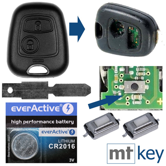 Auto Schlüssel Funk Fernbedienung 1x Gehäuse + 1x Rohling NE78 + 2X Mikrotaster + 1x CR2016 Batterie kompatibel mit Peugeot 206 SW CC 1998-2009