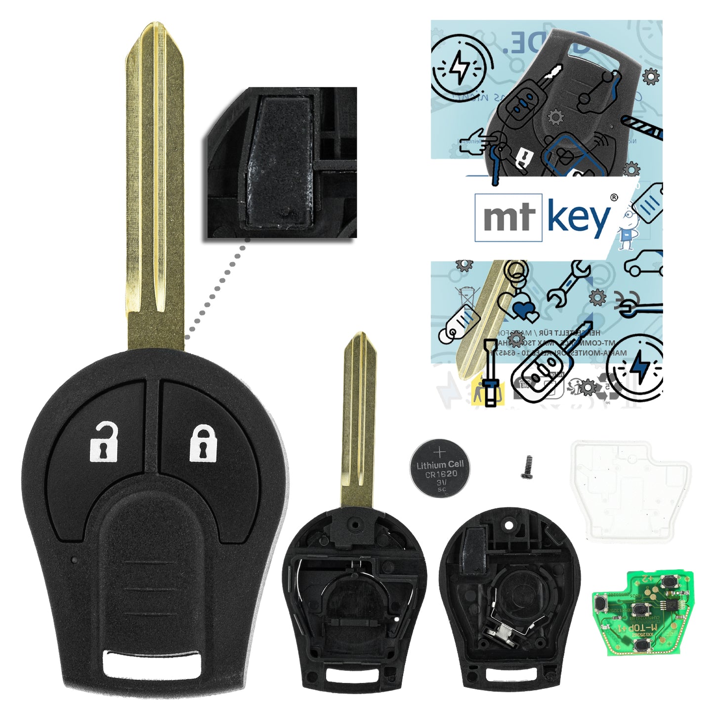 MT-KEY 2 Tasten Funk Schlüssel Fernbedienung 434MHZ kompatibel mit Nissan Micra K13 10-13 Navara D23M 15-16 433MHZ Autoschlüssel