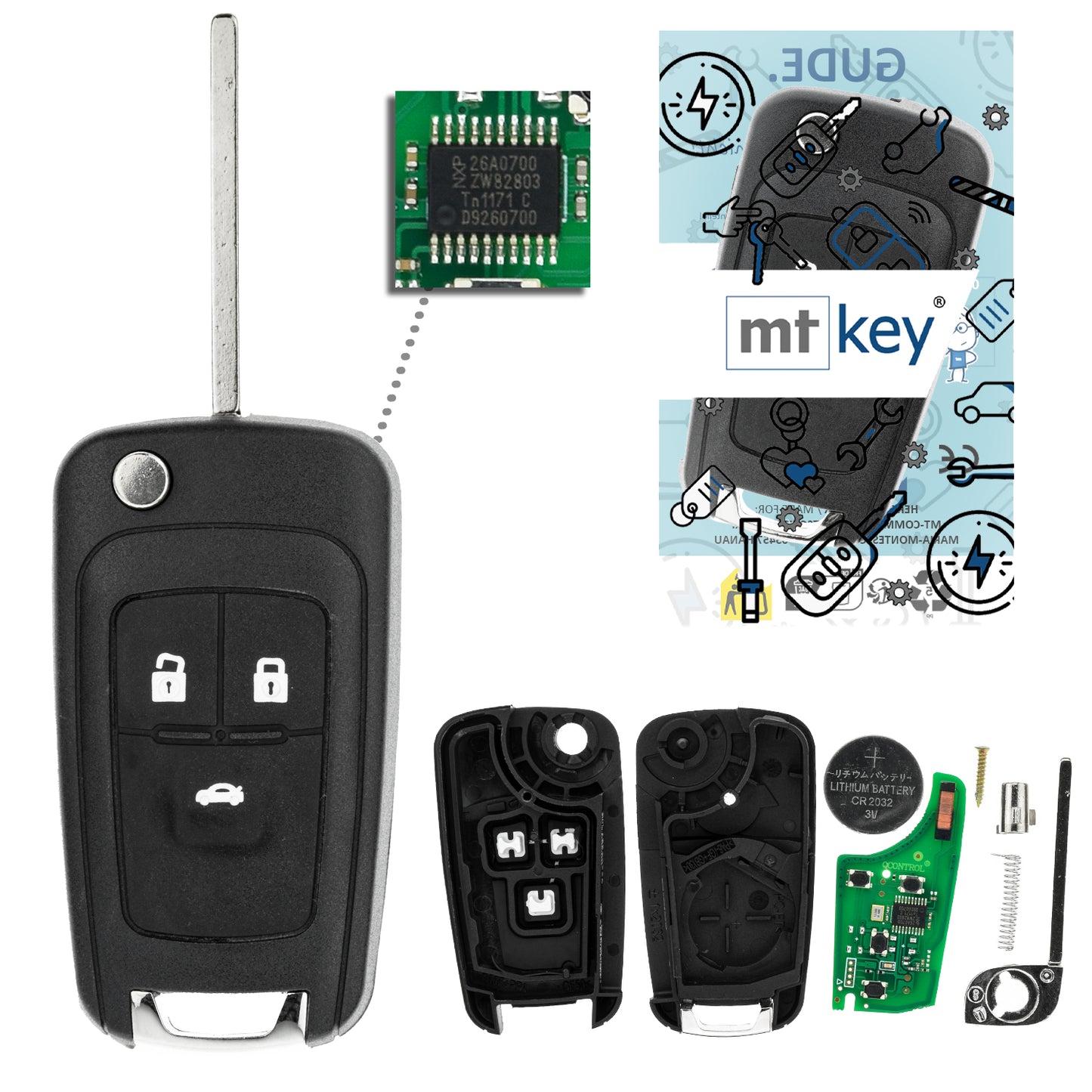 MT-KEY Funk Schlüssel 434MHZ kompatibel mit Opel Astra J Adam Corsa E Insignia A Karl Mokka Zafira C Chevrolet Cruze Bolt Volt Aveo Klappschlüssel