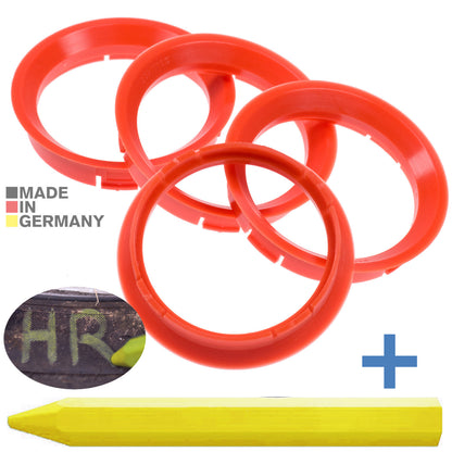 4X Zentrierringe 64,0 x 56,6 mm Blutorange Felgen Ringe + 1x Reifen Kreide Fett Stift