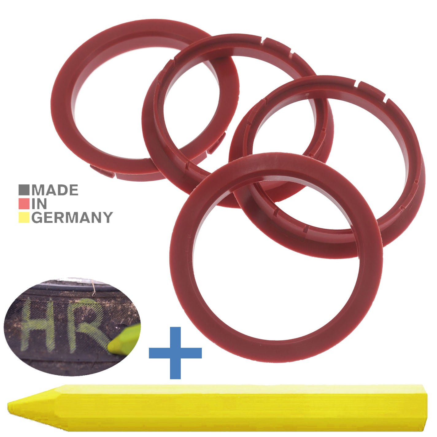 4X Zentrierringe 72,5 x 64,1 mm Rot Felgen Ringe + 1x Reifen Kreide Fett Stift