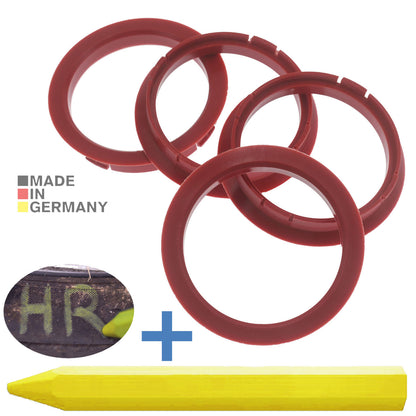 4X Zentrierringe 72,5 x 64,1 mm Rot Felgen Ringe + 1x Reifen Kreide Fett Stift