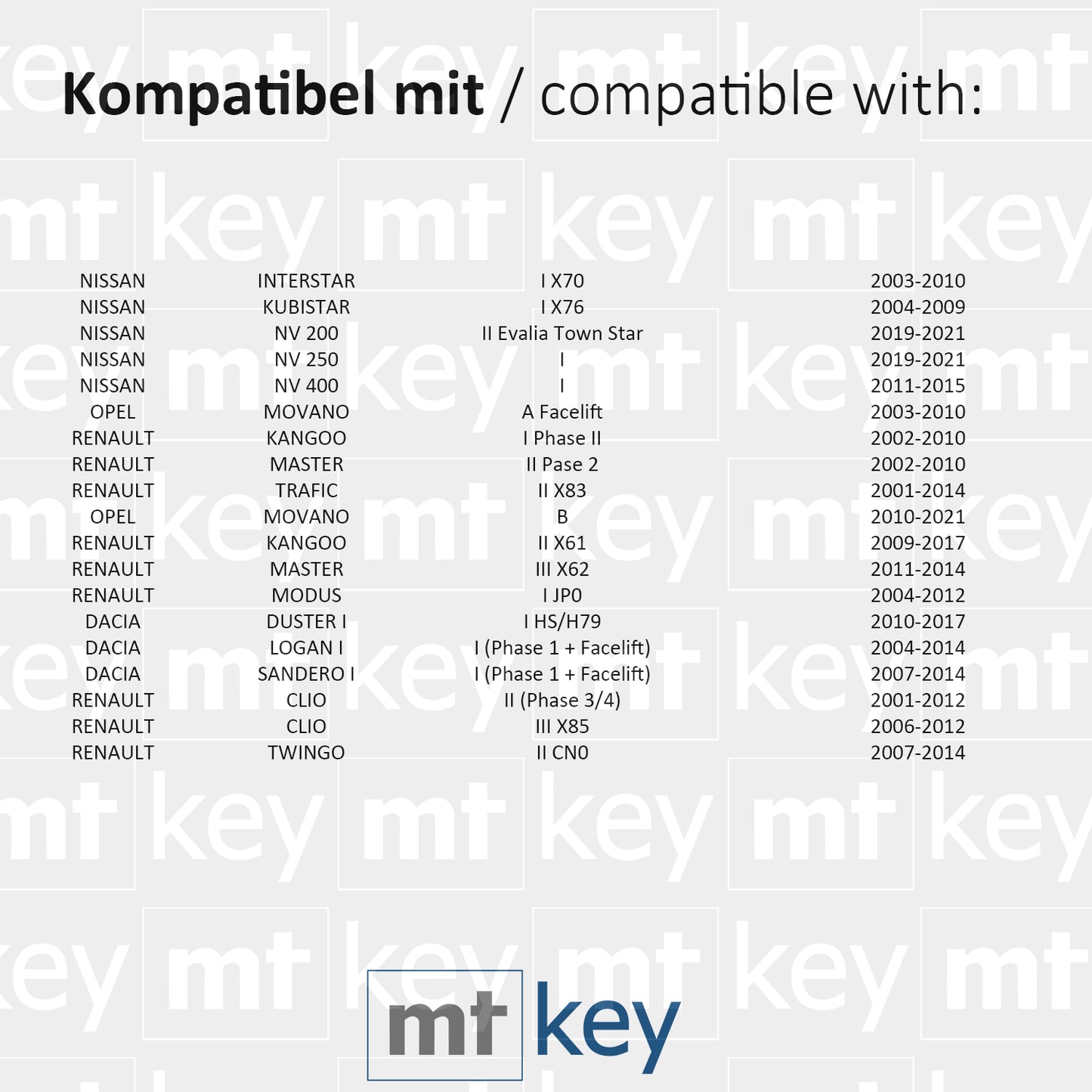 MT-KEY 2 Tasten Funk Fernbedienung 434MHZ kompatibel mit Renault Master II II Modus I Kangoo I II Trafic II Opel Movano A B 433MHZ Autoschlüssel