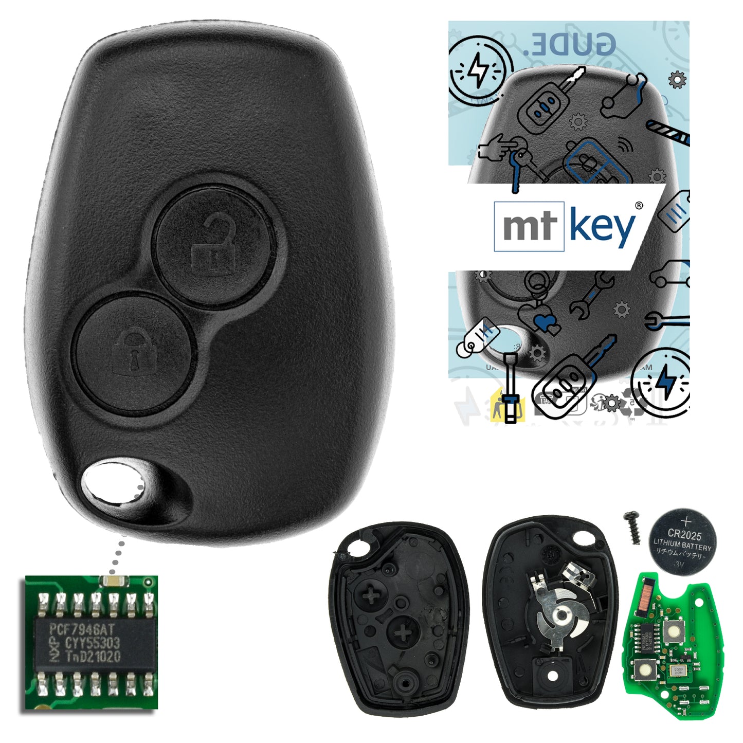MT-KEY 2 Tasten Fernbedienung Funk Schlüssel 434MHZ kompatibel mit Renault Symbol III Trafic III Dacia Lodgy I Sandero II Logan II Duster I 433MHZ