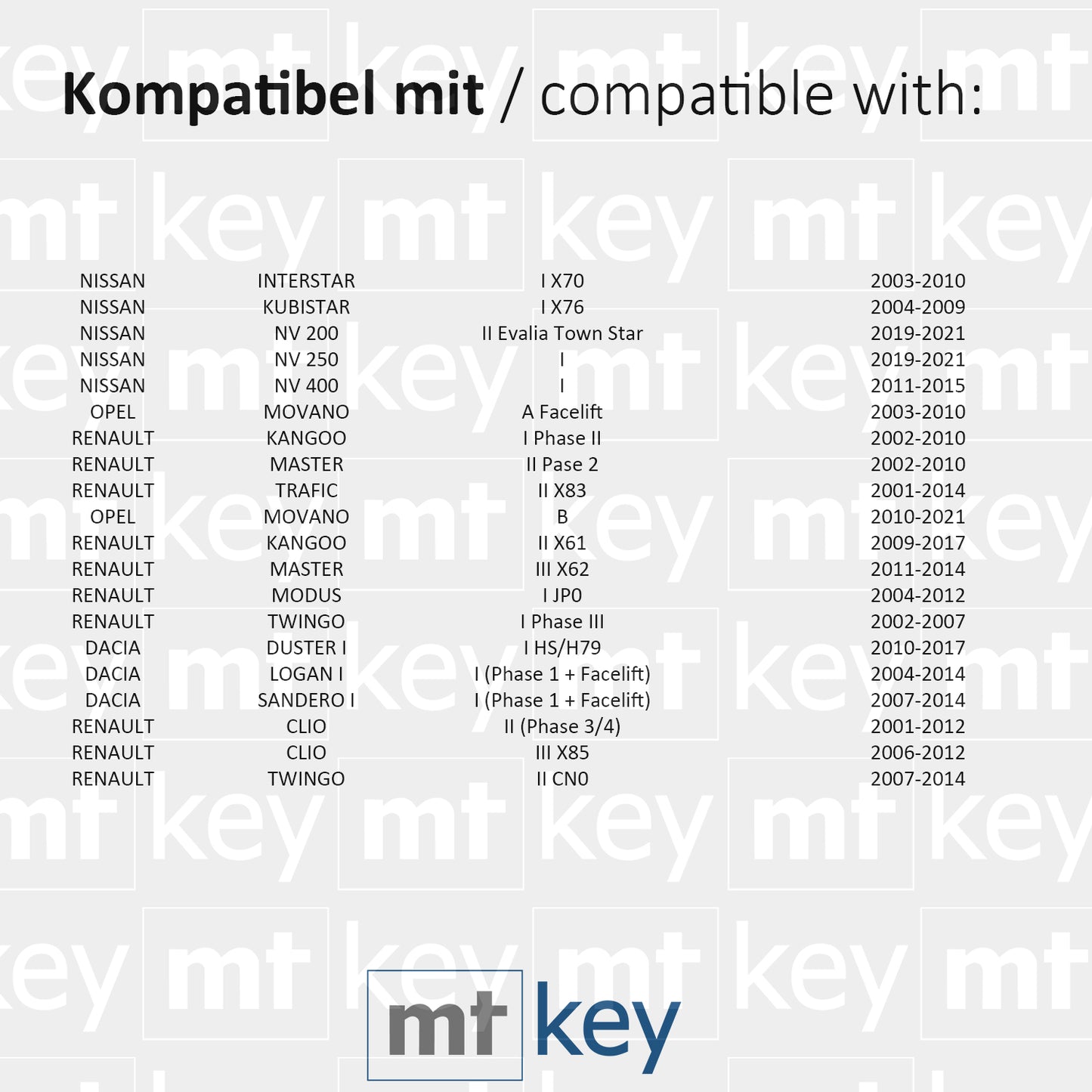 MT-KEY 3 Tasten Funk Fernbedienung 434MHZ kompatibel mit Renault Master II II Modus I Kangoo I II Trafic II Opel Movano A B 433MHZ Autoschlüssel