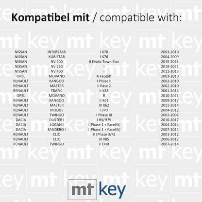 MT-KEY 3 Tasten Funk Fernbedienung 434MHZ kompatibel mit Renault Master II II Modus I Kangoo I II Trafic II Opel Movano A B 433MHZ Autoschlüssel