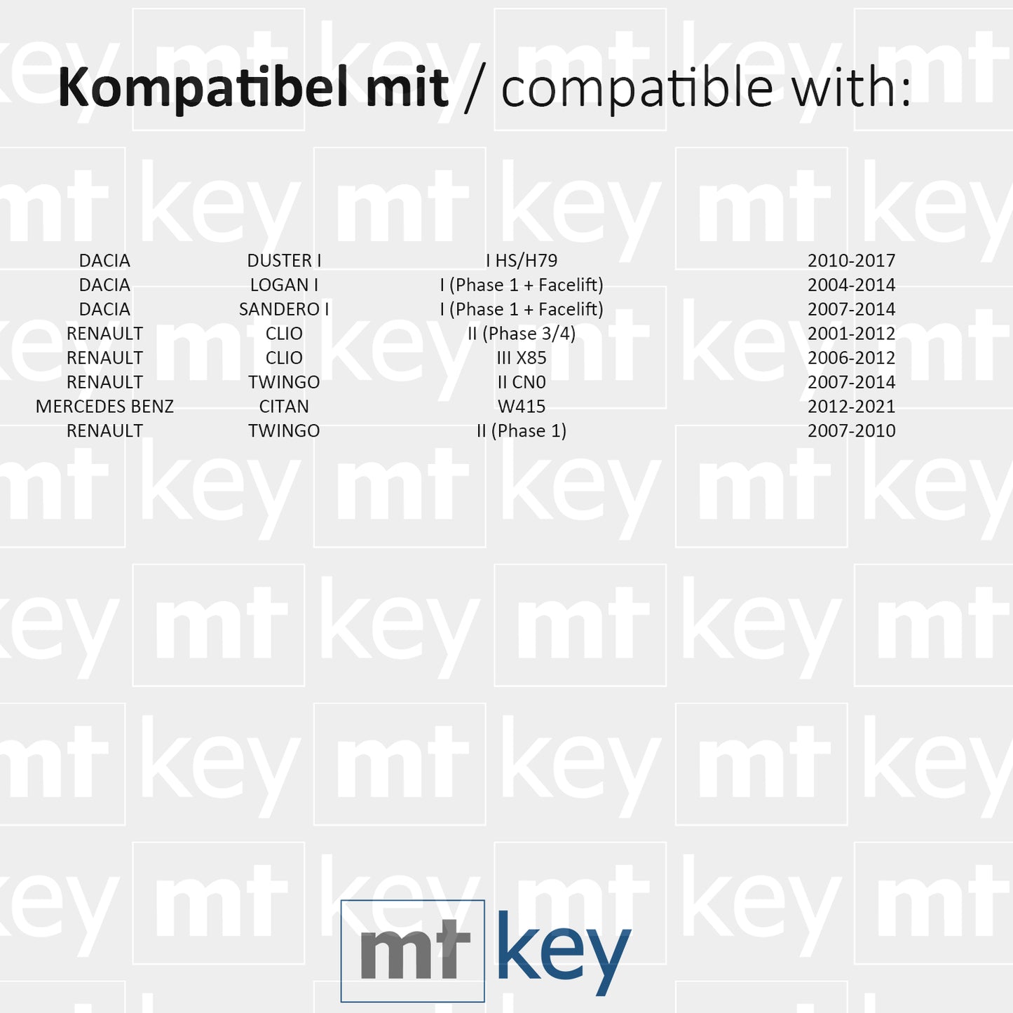 MT-KEY 2 Tasten Funk Schlüssel Fernbedienung 434MHZ kompatibel mit Mercedes Citan Renault Twingo II Clio II III Dacia Duster I Sandero I Logan I