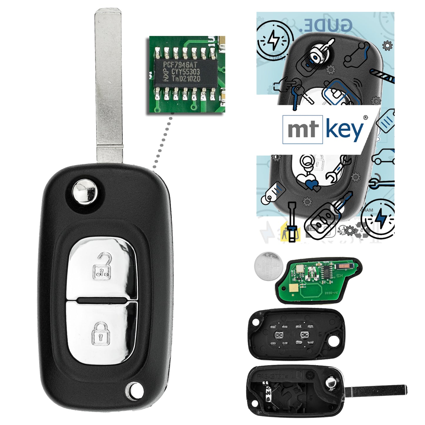 MT-KEY 2 Tasten Funk Schlüssel 434MHZ kompatibel mit RENAULT Clio 3 Kangoo II Master III Modus Twingo II Opel Movano A 433MHZ Autoschlüssel