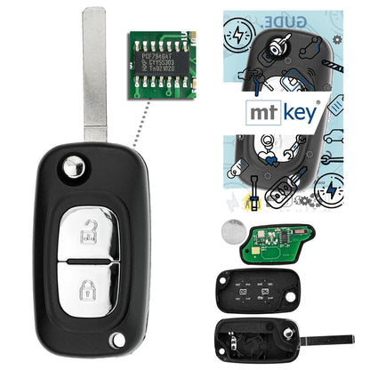 MT-KEY 2 Tasten Funk Schlüssel 434MHZ kompatibel mit RENAULT Clio 3 Kangoo II Master III Modus Twingo II Opel Movano A 433MHZ Autoschlüssel