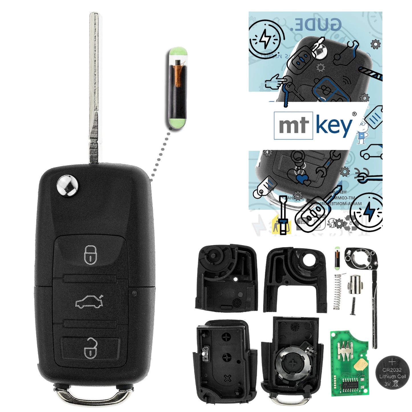 MT-KEY Funk Schlüssel 434MHZ ID48 kompatibel mit Seat Altea (XL) Leon 1P Toledo 5P Skoda Fabia 6Y Octavia 1U VW Caddy 2K Jetta 1K Golf 5 1K0959753G