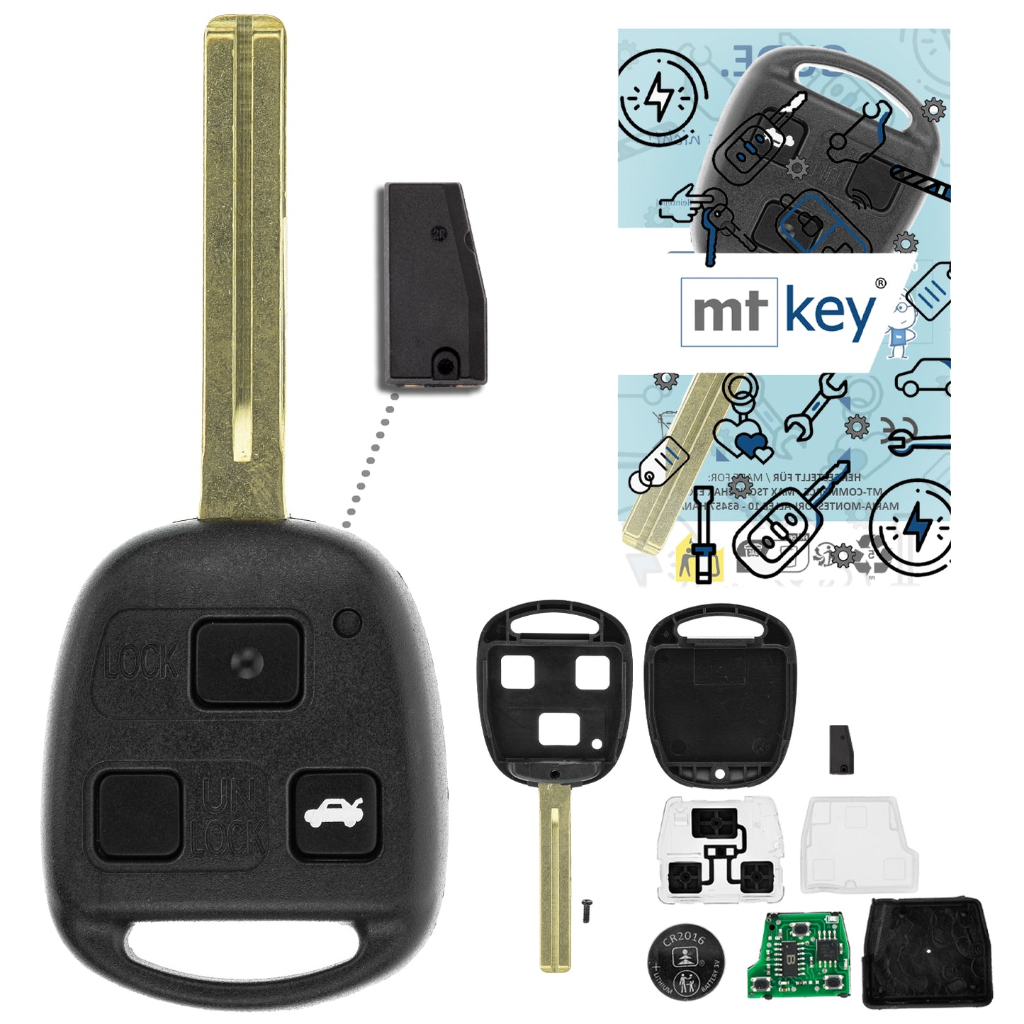 MT-KEY Funk Schlüssel TOY40 434MHZ ID68 kompatibel mit Lexus LS 430 UCF30 00-06 LX 470 II 02-06 3 Tasten 433MHZ Autoschlüssel