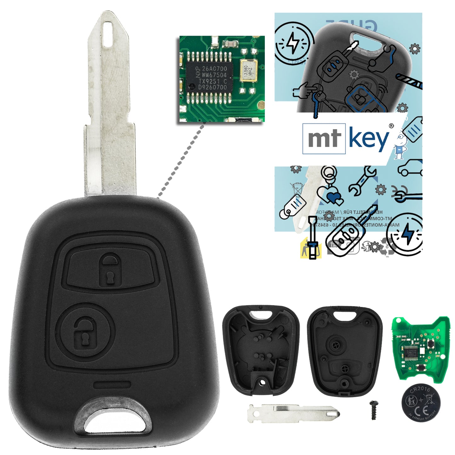 MT-KEY Funk Schlüssel NE72 NE73 434MHZ PCF7961 ASK kompatibel mit Peugeot 206 CC GT SW WRC RC 206+ 1998-2009 433MHZ Funk Fernbedienung