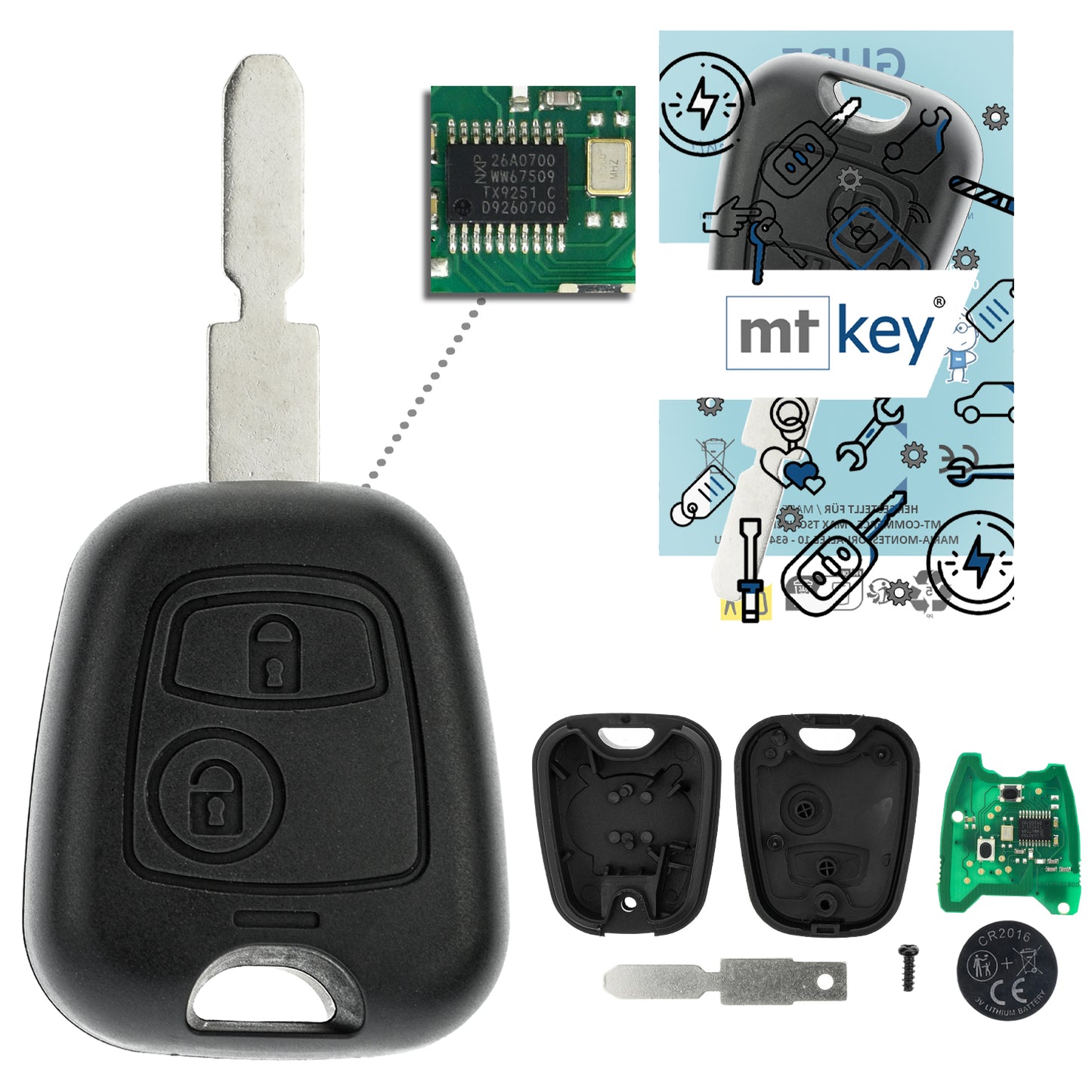 MT-KEY Funk Schlüssel NE78 434MHZ PCF7961 ASK kompatibel mit Peugeot 406 Break Coupe Limousine 8E 8F 8C 8B 2001-2006 433MHZ Funk Fernbedienung