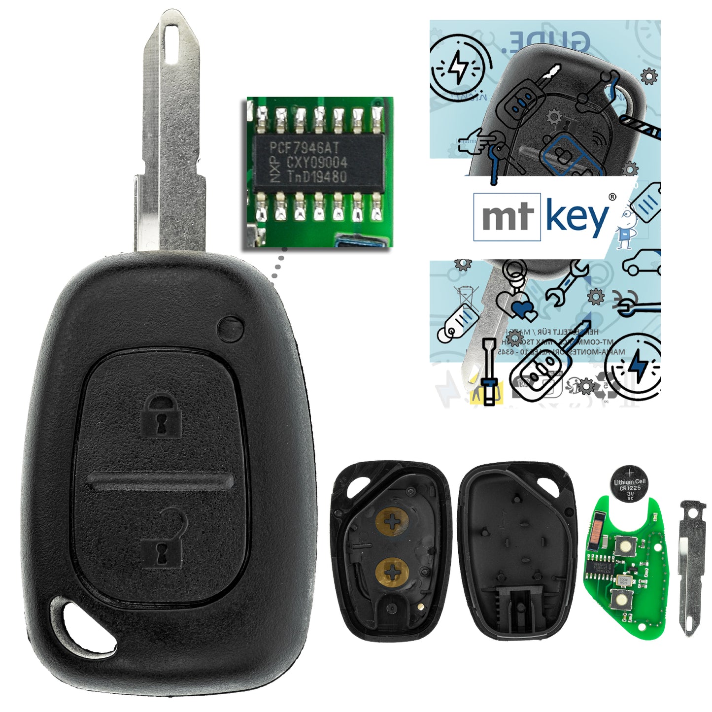 MT-KEY Funk Schlüssel 434MHZ Fernbedienung NE72 kompatibel mit Renault Kangoo KC Master II Trafic II Opel Movano A Vivaro A Nissan Interstar Kubistar