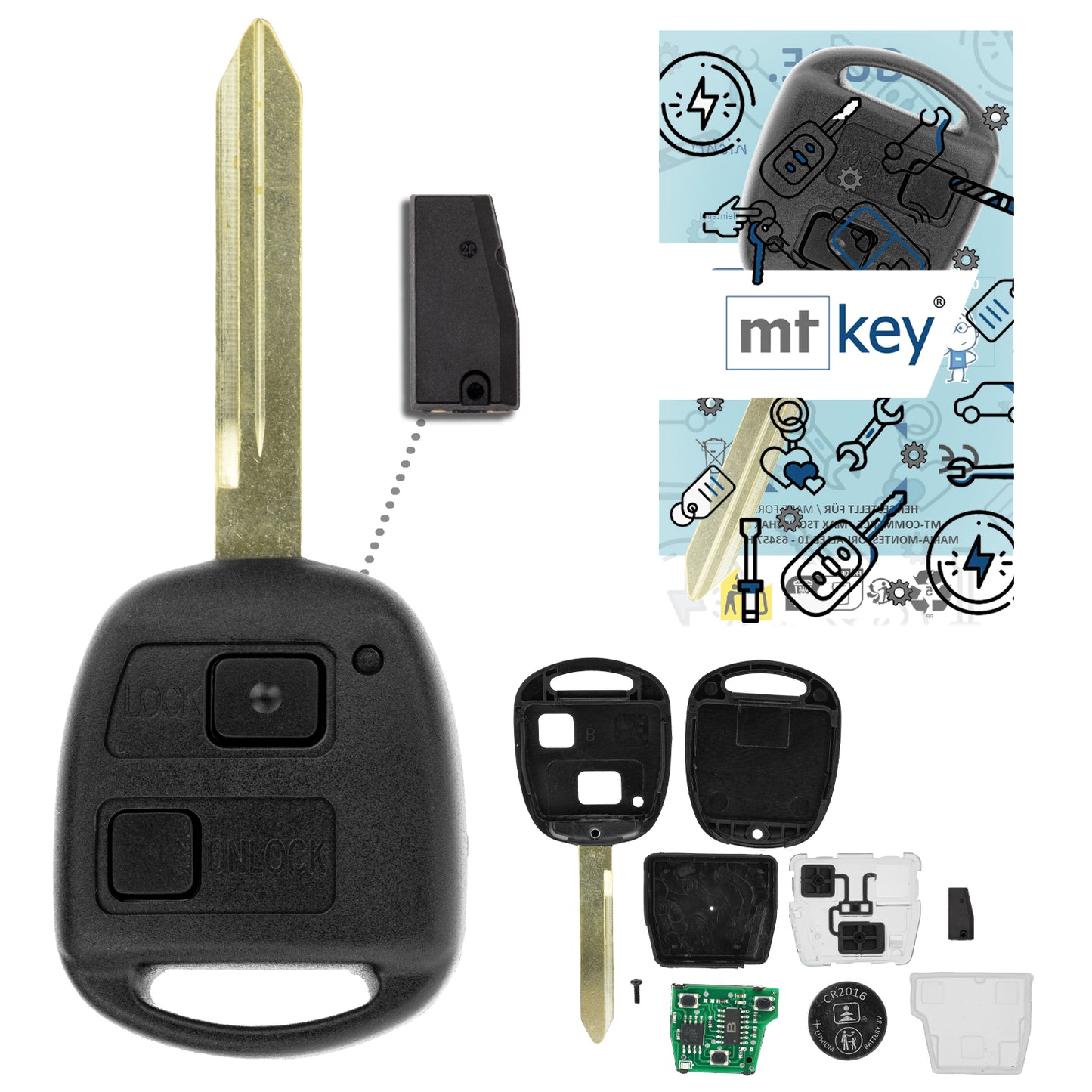 MT-KEY Funk Schlüssel Autoschlüssel 434MHZ ID33 TOY47 kompatibel mit Toyota Tarago R10 95-00 2 Tasten 433MHZ Fernbedienung