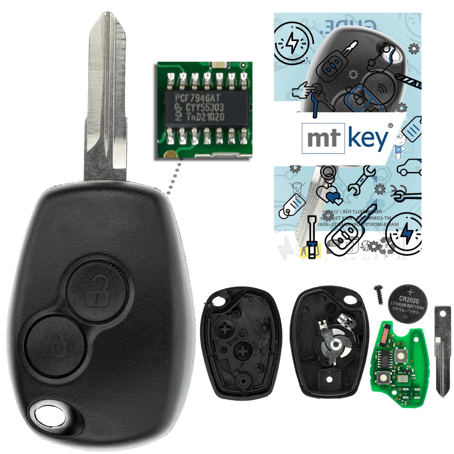 MT-KEY Funk Schlüssel 434MHZ Fernbedienung VAC102 kompatibel mit Dacia Duster I Logan I Sandero I Renault Clio II III Twingo II 433MHZ Autoschlüssel