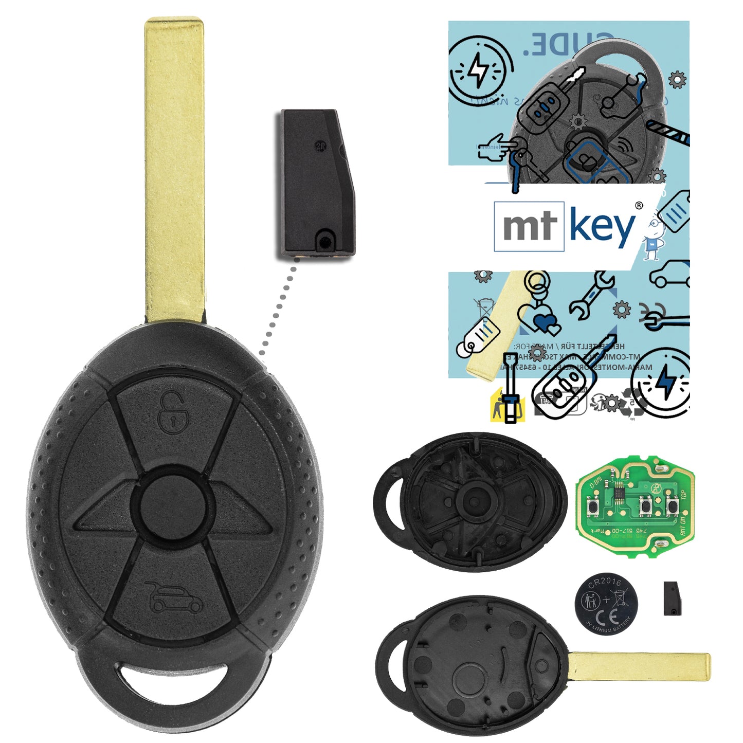 MT-KEY Funk Schlüssel ID46 HU92R Autoschlüssel kompatibel mit MINI One D Cooper S R50 R52 R53 433MHZ Fernbedienung