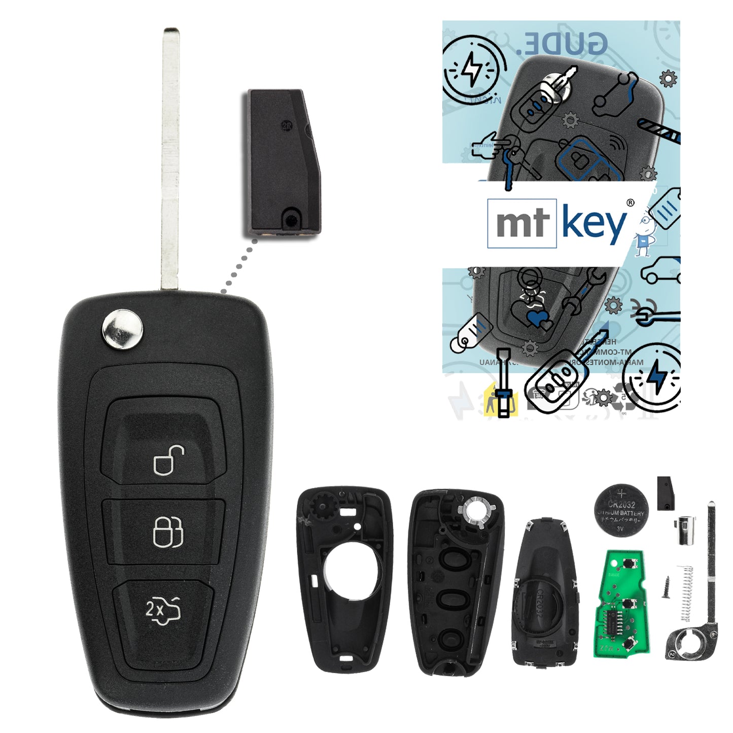 MT-KEY Funk Schlüssel ID63 HU101 kompatibel mit Ford S-Max CA1 Mondeo CA2 (Grand) C-Max CB7 CEU Focus CB8 CEW Galaxy CA1 433MHZ Autoschlüssel
