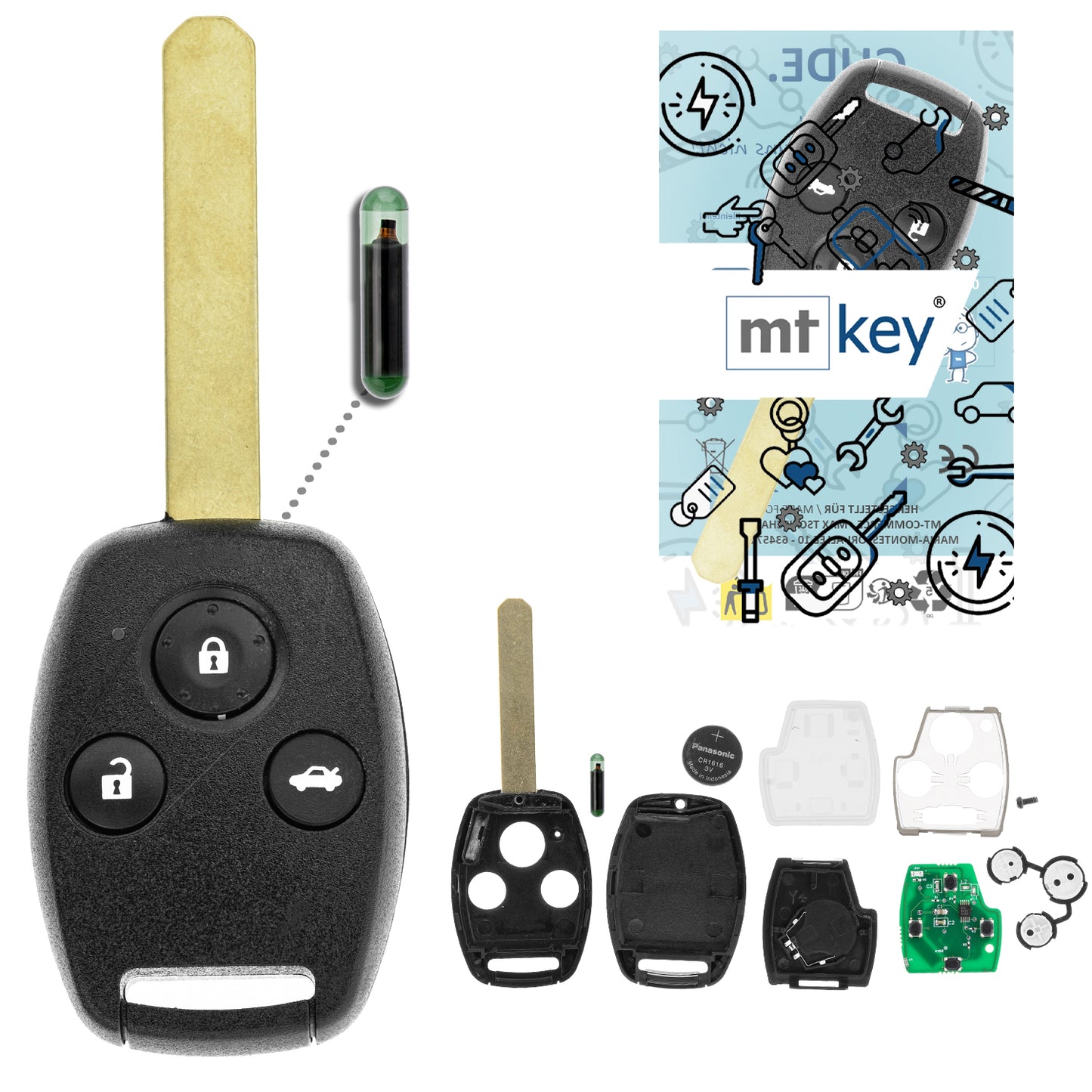 MT-KEY 3 Tasten Funk Schlüssel ID 8E HON66 kompatibel mit Honda Accord VII CRV II FRV BE HRV GH JAZZ GD S2000 AP1 STREAM I 433MHZ Autoschlüssel