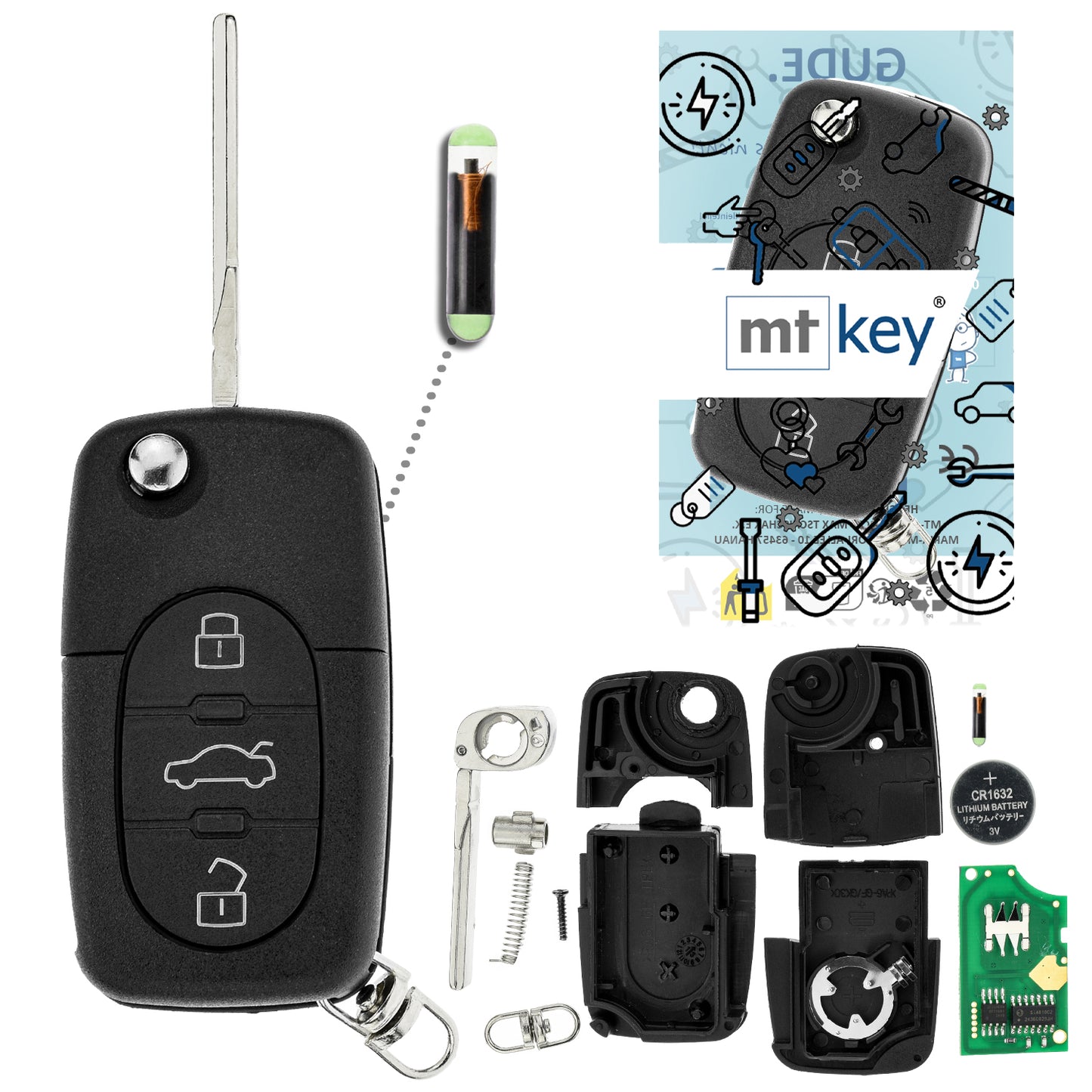 MT-KEY Funk Schlüssel 434MHZ Fernbedienung ID48 kompatibel mit Audi A3 8L 00-03 A4 B5 S4 A6 C5 TT 8N 433MHZ 4D0837231N Klappschlüssel