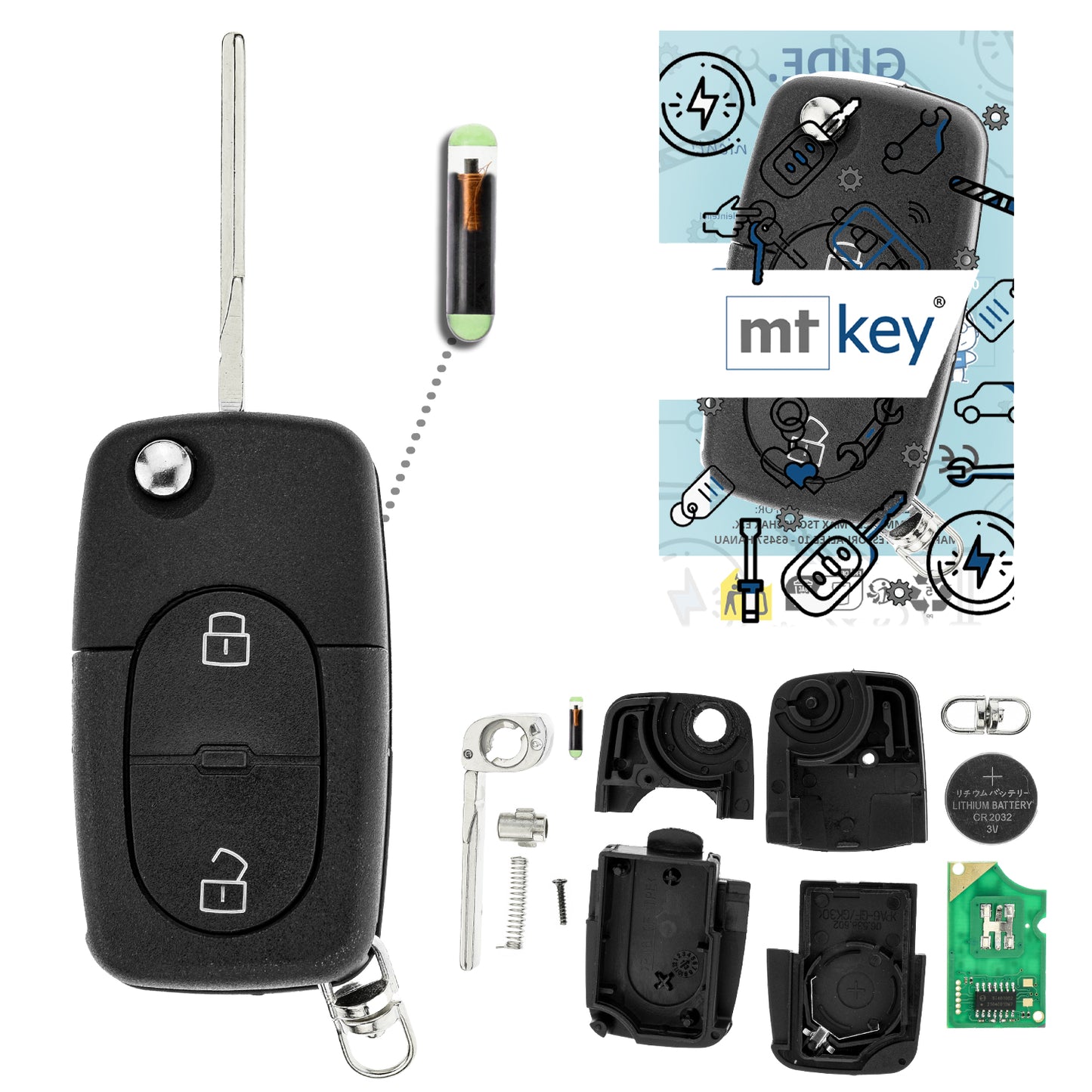 MT-KEY Funk Schlüssel 434MHZ Fernbedienung ID48 kompatibel mit Audi A3 S3 8L A4 S4 B5 RS4 RS6 C5 A6 Allroad Cabrio 8G TT 8N 4D0837231R Klappschlüssel