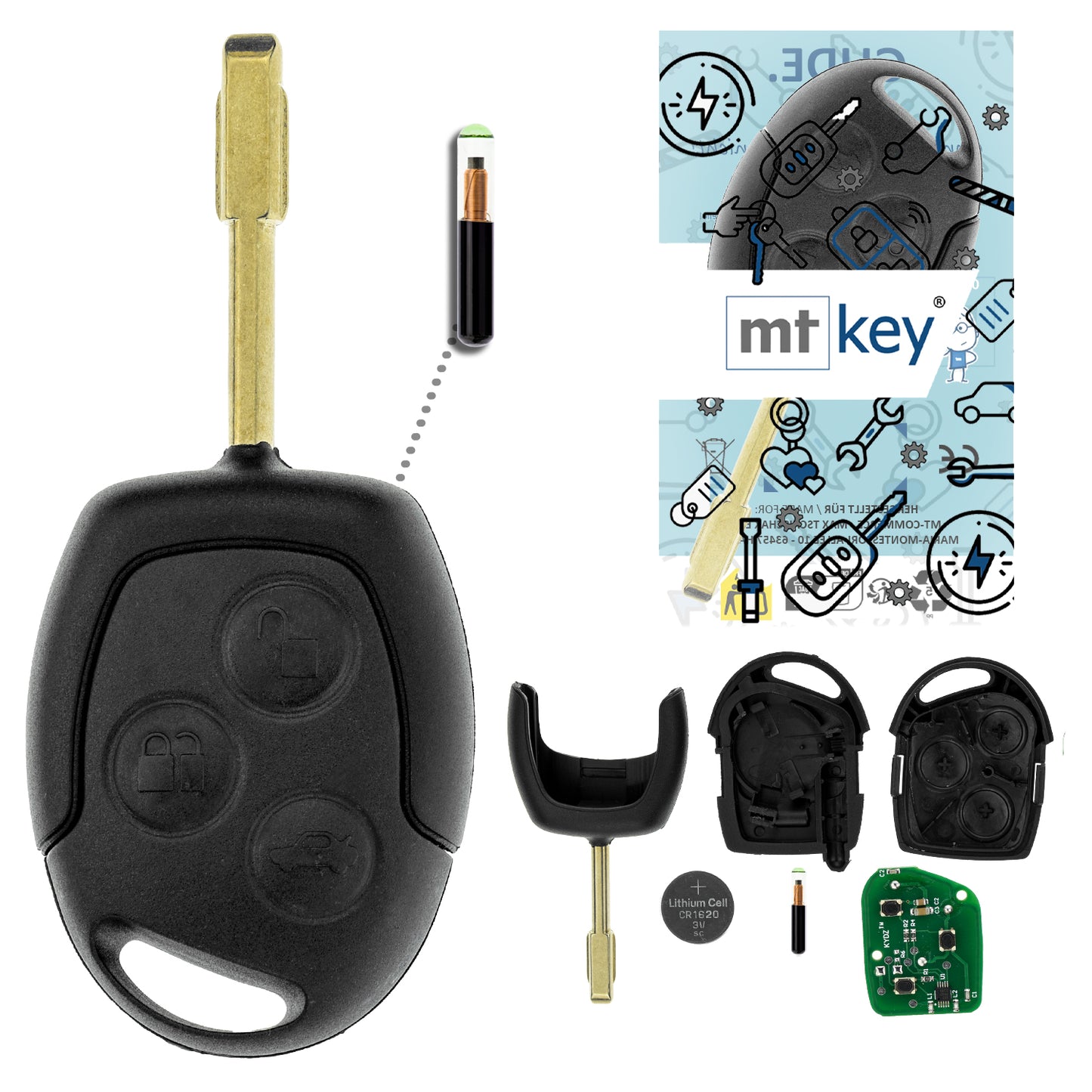 MT-KEY Funk Schlüssel FO21 ID60 434MHZ Autoschlüssel kompatibel mit Ford Transit V Tourneo Connect I Bis 2008 KA 1 RBT Focus I Fiesta IV 433MHZ
